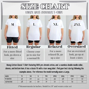 Unisex crewneck T-shirt size chart showing fit options: fitted, regular, relaxed, and oversized, with recommendations for choosing the best fit and model example for reference.