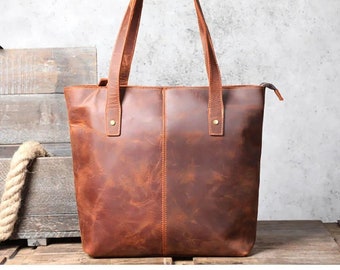 HandMade full Grain Leather Tote Bag - Handcrafted Rustic Purse with Adjustable Strap
