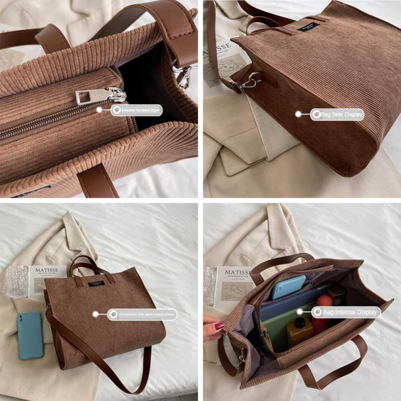Corduroy Shoulder Bag, Handbag, Reusable Shoulder Bag, Tote Shoulder Bag, Tote Bag for Women, Cute Bag, Laptop, One Shoulder Messenger Bag image 6
