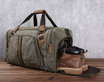 Sac de voyage, sac de week-end en cuir imperméable, sac de week-end avec compartiment à chaussures pour hommes et femmes personnalisé