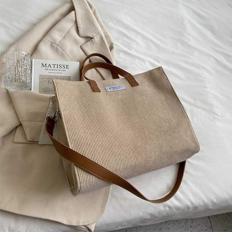 Corduroy Shoulder Bag, Handbag, Reusable Shoulder Bag, Tote Shoulder Bag, Tote Bag for Women, Cute Bag, Laptop, One Shoulder Messenger Bag Cachi