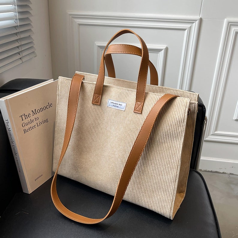 Corduroy Shoulder Bag, Handbag, Reusable Shoulder Bag, Tote Shoulder Bag, Tote Bag for Women, Cute Bag, Laptop, One Shoulder Messenger Bag image 1
