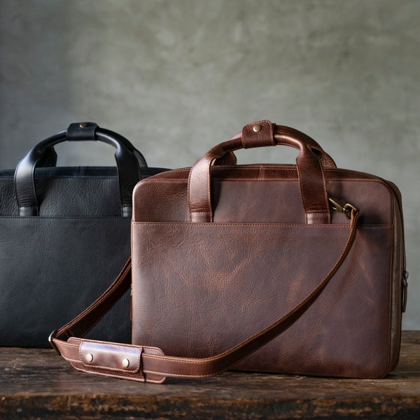 Personalized Top Grain Leather Travel 16” Laptop Bag - Luxury Stylish Portfolio Notebook Tablet Messenger Bag for Men & Women