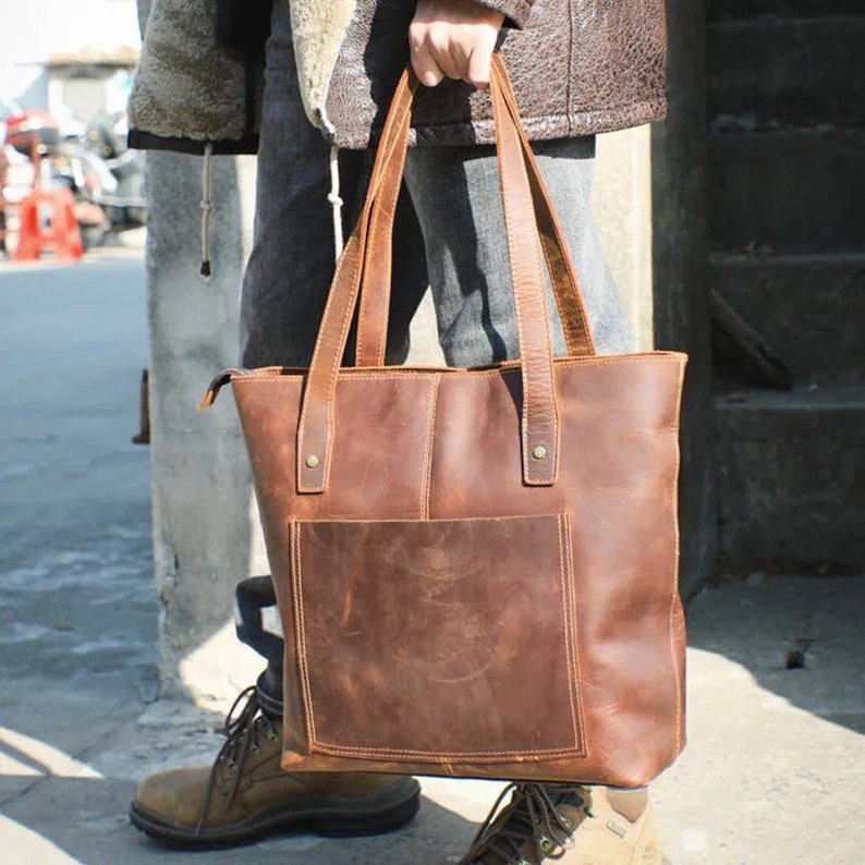 HandMade full Grain Leather Tote Bag Handcrafted Rustic Purse with Adjustable Strap image 2