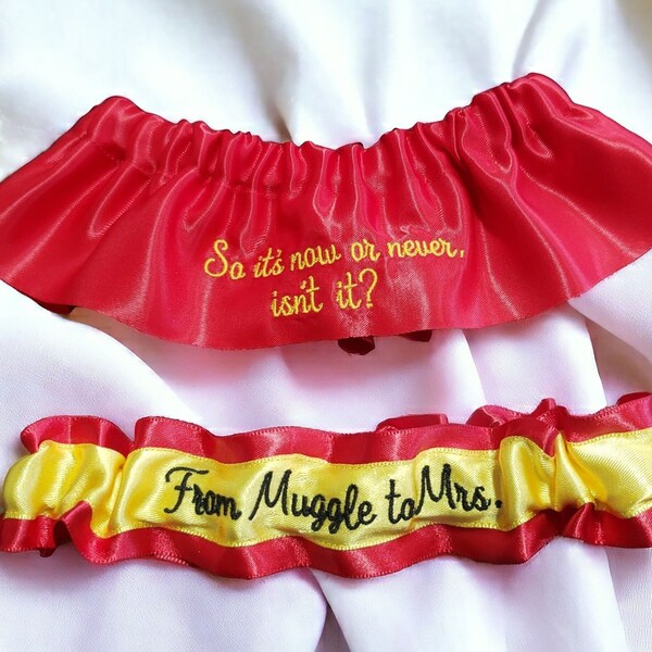 So it's now or never, isn't it? & From Muggle to Mrs. Custom Embroidered Bridal Wedding Garter Set Personalized