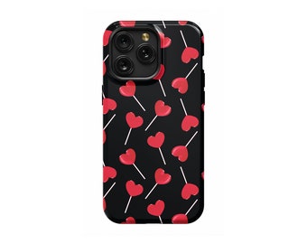 3D Lolly Pattern Black Hearts Valentine Love Gift Phone Case for iPhone 15/14/13/12/11 Plus Pro Max MagSafe, Slim Tough, Matte Gloss Case