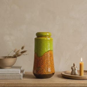 Vintage Scheurich vas 209-18 | Västtysk konstkeramik | Fat Lava limegrön & orange droppglasyr | Pop Art-dekor från 1970-talet