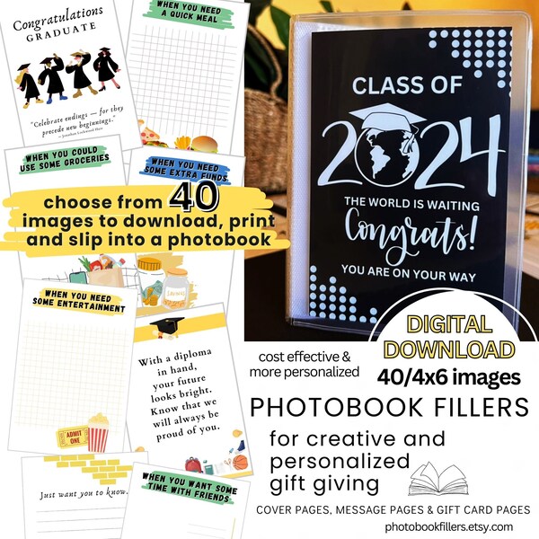 Photobook fillers for personalized gifts | Graduation | Class of 2024 | Gift Card Books | College Survival Book | Digital Download: Black