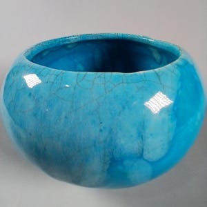 Vintage Frank Moreno aardewerk bloempot met druppelglazuur in turquoise, 11,4 cm. Sterke craquelé. Zie foto's.