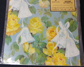 Vintage Hallmark wedding gift wrap 8 square feet (2) sheets white wedding bells & yellow roses Romantic Wrapping Paper 1980's