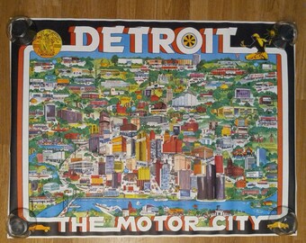 Rare Vintage 1973 Detroit The Motor City Signed By Swaena Lavelle Pictorial Map Poster 39&quot;×29.5&quot; excellent condition