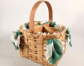 Panier de pique-nique pour ustensiles de cuisine vintage avec doublure en vichy vert et blanc 9 po.