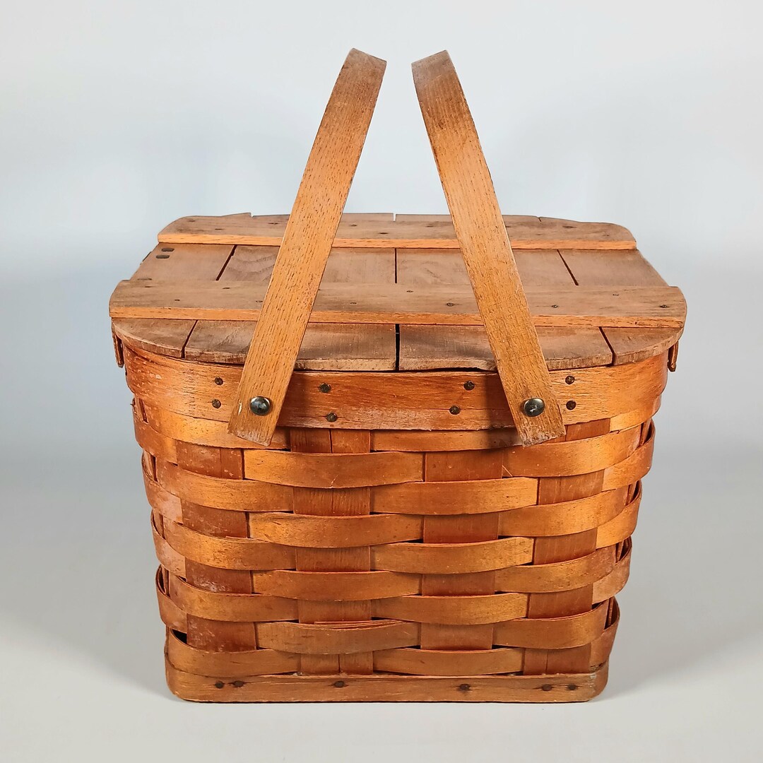 Pinic Hinge Vintage Woven Wood Picnic Basket Double Handle Single Hinge Brown 12