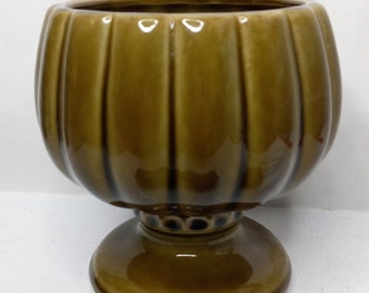 Vintage McCoy 5.75&quot; Pedestal Planter Olive Green Glazed Ceramic Mid Century #491 USA