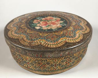 Vintage Colorful Floral Design Metal Tin Embossed Dutch Mosaic Holland Cookie 8"
