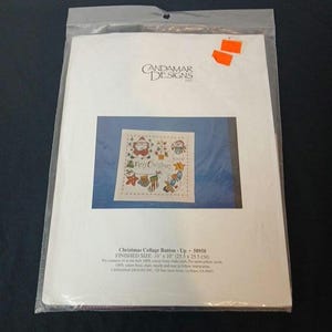 May include: A cross-stitch kit in a clear plastic package. The kit features a Christmas collage design with Santa Claus, a snowman, and other festive elements. The finished size is 10" x 10" (25.5 x 25.5 cm). The brand name is Candamar Designs.