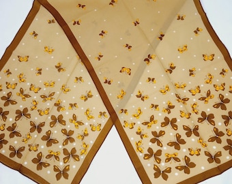 Vintage Women&#39;s Scarf Brown Pokadot Butterfly Polyester 33&quot;×12&quot; Japan