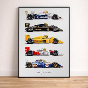 May include: A framed poster featuring five side-view illustrations of Formula One race cars driven by Ayrton Senna. The cars are displayed in a vertical column against a light gray background, with the text Ayrton Senna 1960-1994 at the bottom.