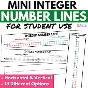 Peut inclure: Ensemble de mini droites numériques d'entiers pour l'utilisation des étudiants. L'image présente des droites numériques horizontales et verticales avec des entiers négatifs et positifs. Le texte comprend "Horizontal & Vertical" et "13 Different Options".
