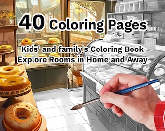 Libro para colorear de 40 Rooms&Place para niños y adultos Libro para colorear imprimible, habitación de bolsillo para colorear para niños, lindo libro para colorear en casa para relajarse