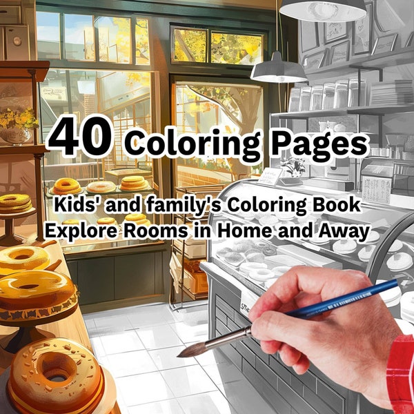40 Rooms&Place Coloring Book for Child and Adult Printable Coloring book, Kid's Coloring Pocket Room, Cute Home Coloring Book for Relaxing