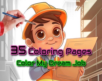 Könnte beinhalten: Eine Cartoon-Illustration eines Bauarbeiters, der einen Bauplan hält. Der Text "35 Coloring Pages Color My Dream Job" ist in rosa und grünen Buchstaben geschrieben.
