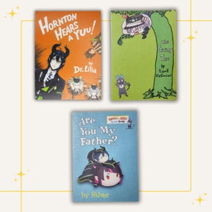 May include: Three illustrated children's books with colorful covers. The first book is orange with black text and features a character with horns and a black suit. The second book is green with black text and features a character with a hat and a tree. The third book is blue with white text and features two characters with black hair and black suits.
