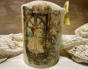 Woodland Butterfly Fairy Battery Operated Pillar Candle - fairy looking through arched window accented with flowers and botanicals