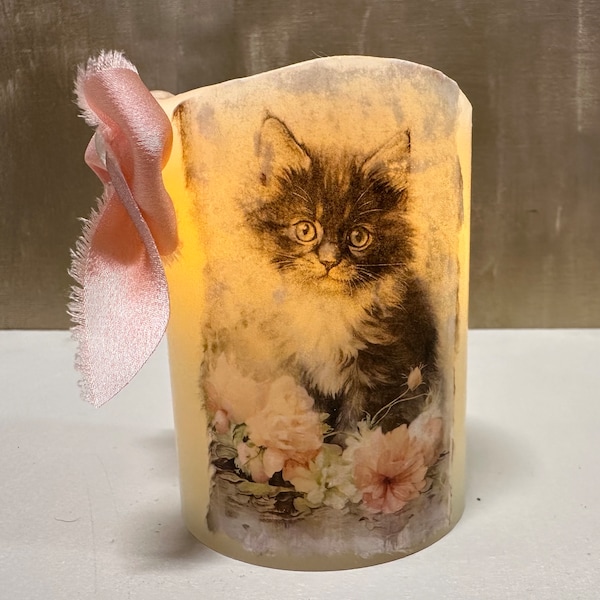 Adorable Flameless Kitten Pillar Candle, battery operated with warm glow flicker flame.  Silk bow with gemstones.  See other candle for pair