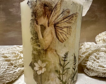 Butterfly Fairy Pillar Candle Battery Operated Real Wax Flicker Flame Warm Glow with Shabby Bow. Shabby Chic/Boho/Whimsy/Fantasy