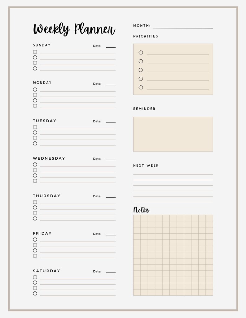 Task For Next Week 2024 Weekly Planner - Sunday Start - Etsy
