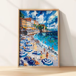 Cartel de playa, arte del sur de Francia, impresiones de Europa, arte de viaje, arte de pared de moda, arte de pared colorido, descarga digital instantánea