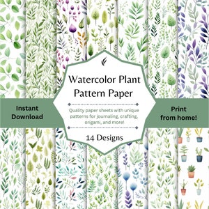 Watercolor Plants Paper, 8.5&quot; x 11&quot; Plant Designs, Digital Download, Plants Patterns and Wallpaper