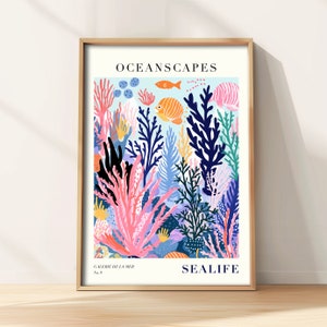 Póster de vida marina, arte mural de paisajes oceánicos, póster estilo Matisse, vida marina abstracta, impresión digital, descarga instantánea