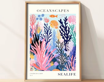 Sealife-poster, kunst aan de muur oceaanlandschappen, poster in Matisse-stijl, abstract zeeleven, digitale print, Instant Download