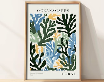 Könnte beinhalten: Ein gerahmter Druck mit weißem Hintergrund und einem farbenfrohen abstrakten Korallen-Design. Der Text "OCEANScapes" befindet sich oben auf dem Druck. Der Text "GALERIE DE LA MER" und "No. 10" befinden sich unten links auf dem Druck. Der Text "CORAL" befindet sich unten rechts auf dem Druck.