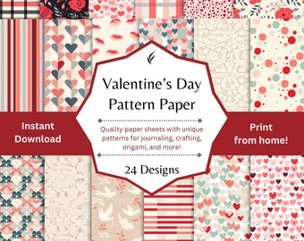 8.5" x 11" Valentine's Day Paper, 24 Printable Designs, Instant Download, Valentine Digital Paper, Valentine Scrapbooking Paper