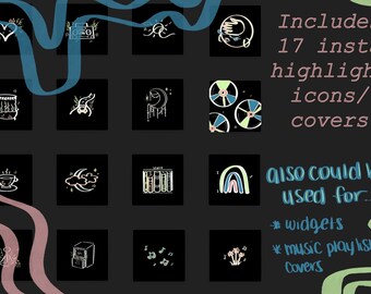 May include: A set of 17 black and white illustrations, including a heart, a cassette tape, a crescent moon, a cup of coffee, a rainbow, and a flower. The text "Includes 17 insta highlight icons/covers also could be used for... * widgets *music play list Covers" is written in blue, green, and pink on a black background.
