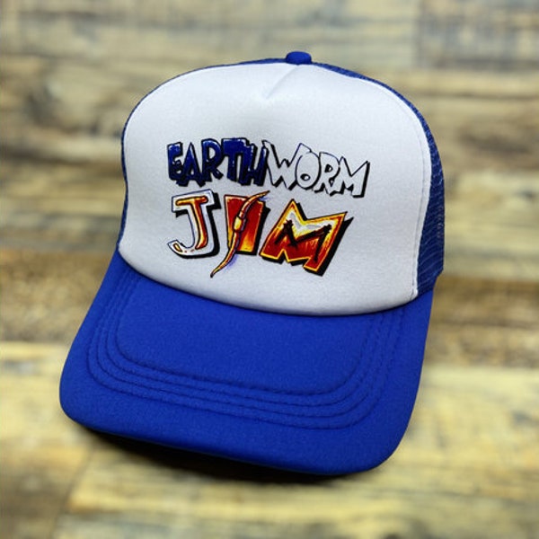 Earthworm Jim Mens Trucker Hat Blue Snapback 1994 Retro Video Game Baseball Cap