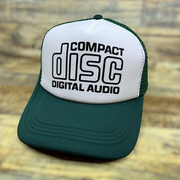 Compact Disc Mens Trucker Hat Green Snapback Vintage Logo 80s 90s Baseball Cap