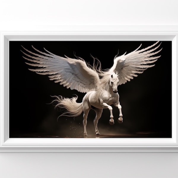 Sculpted Grace: White Arabian Horse with Detailed Wings, Two Hooves Raised, Head Bowed in Majestic Reverence