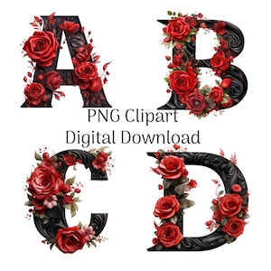 Rose rouge Png Clipart, Rose rouge polices de l'alphabet lettres roses Png Doodle lettres Alphabet floral Clipart lettres décoratives dessins par sublimation