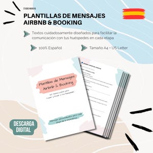 May include: A digital download featuring templates for Airbnb and Booking messages. The design includes text in Spanish, with the words "Plantillas de Mensajes Airbnb & Booking" in a pink banner. The image also includes the text "Descarga Digital".