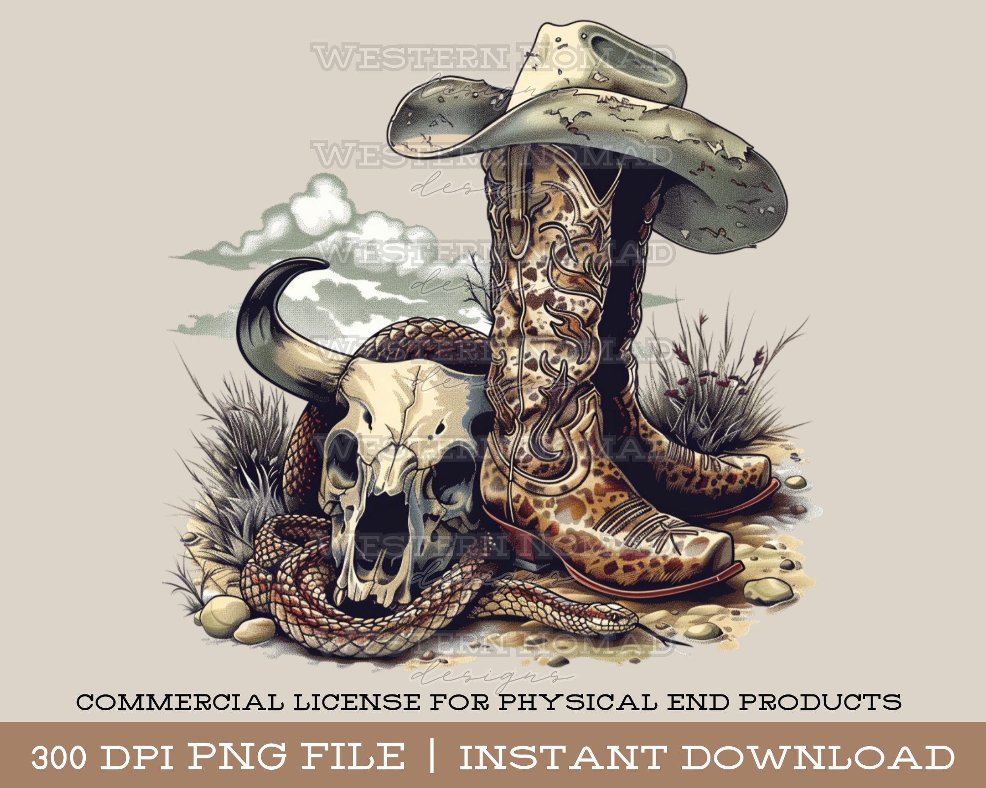 Vintage Western Desert Graphic Design, Cowboy Boots PNG, Snake and