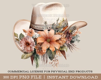 Floral Cowboy Hat PNG, Cowgirl Clip Art, Cowgirl Hat Clipart, Watercolor Clip Art, Cowgirl Hat PNG, Digital Download