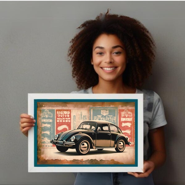 VW Beetle Car Wall Art, Printable Digital Artwork, Vintage Decor, Car Wall Decor, VW Bug Art Print, Beetle Drawing, Volkswagen Art, BlackCar