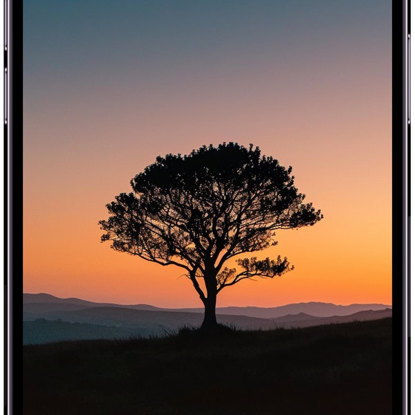 Lone Tree Sunset Mobile Wallpaper - Silhouetted Tree at Dusk, Calming Nature Skyline Background for Smartphone