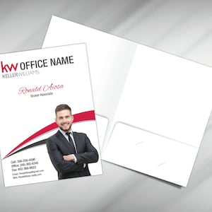 May include: A white real estate folder with a red and black design. The front of the folder features a photo of a man in a suit, the text "KW OFFICE NAME", "KELLERWILLIAMS", "Ronald Aiosa", and "Broker Associate". The back of the folder is blank.
