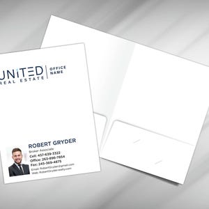 Custom United Real Estate Presentation Folders, United Real Estate Branded Folders, United Real Estate Folder, Pocket Folders, White Folders
