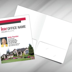 May include: A red and black real estate business card with the Keller Williams logo and the text "kw OFFICE NAME KELLERWILLIAMS."  The card also features a photo of a woman, her name, and contact information. The background image is a house with a green lawn and flowers.